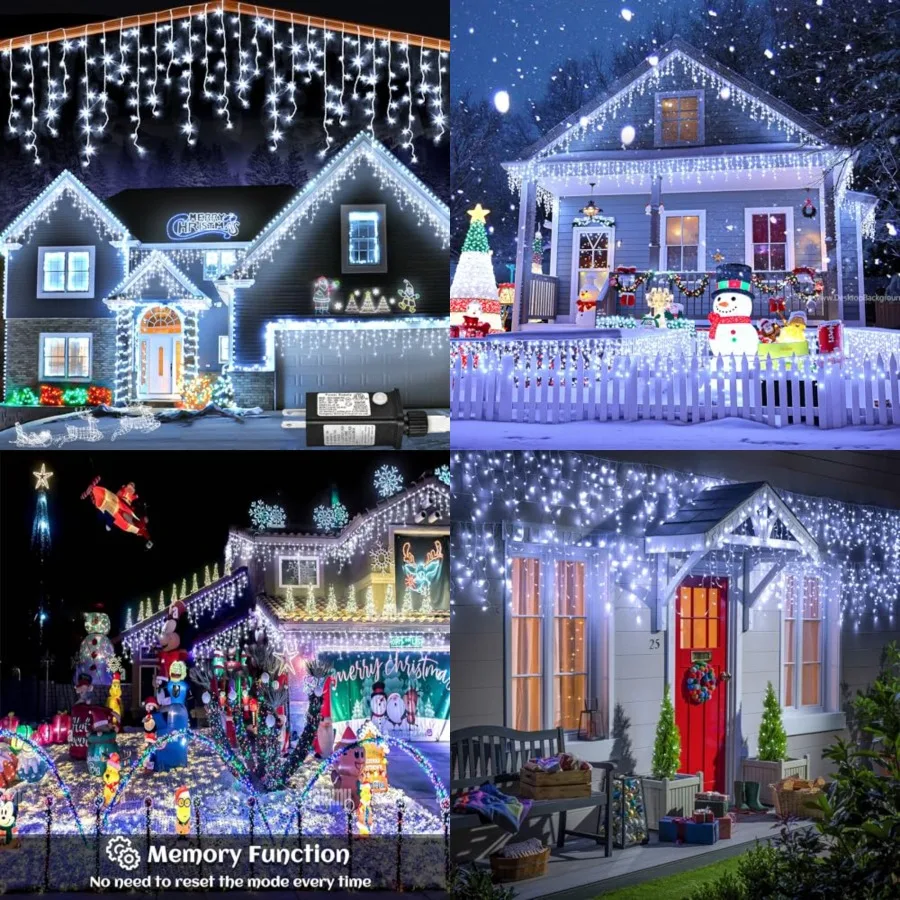 132Feet Icicle Lights for Outside, 1280 LED White Christmas Lights Outdoor with 240 Twinkle Drops, 8 Modes Plug in Waterproof T