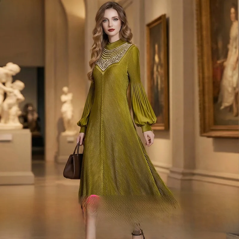 

Элегантное шифоновое платье-рубашка с бусинами и рукавами-фонариками для женщин, весенне-осеннее, с завышенной талией, А-силуэт, для города и офиса