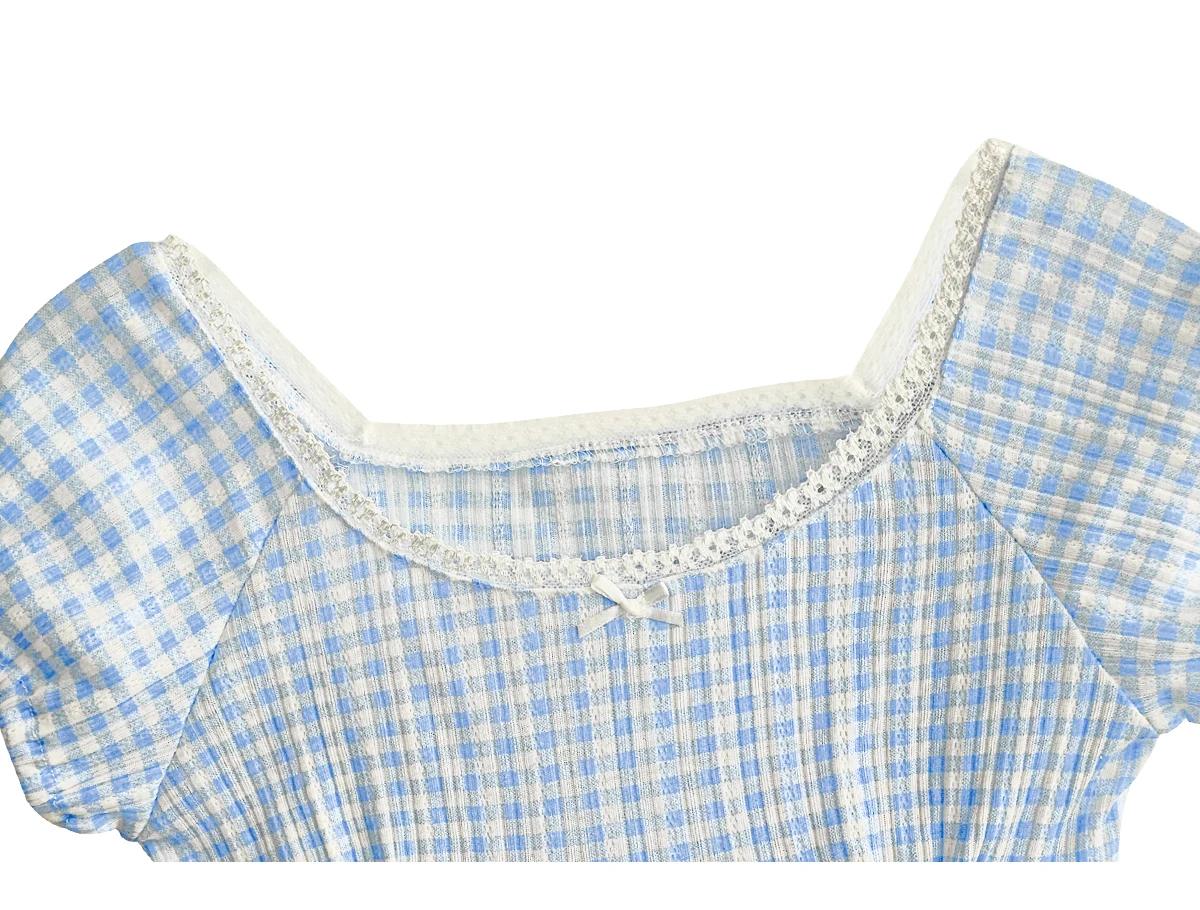 

Korean Sle Plaid Lace ort Sve T-irt Women Summer 2024 New oulder Insertion Square Collar Two-Way Wear One-oulder...