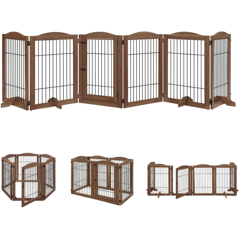 

Pet Playpen with Wood and Wire, 6 Panels Extra Wide Freestanding Walk Through Dog Gate with 5 Support Feet, Foldable Stairs Bar