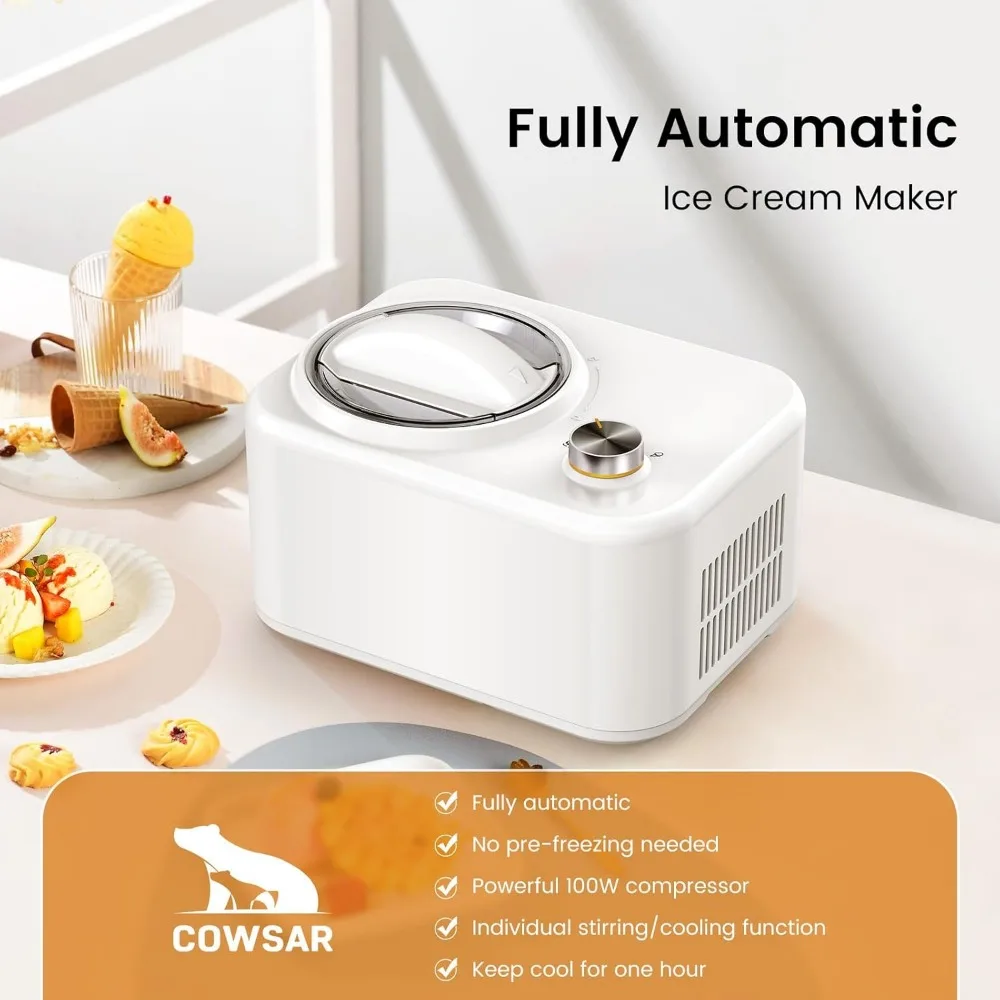 Ice Cream Machine, 1 Quart Built-in Compressor, Fully Automatic No Pre-freezing & 1 Hour Keep-cooling, Ice Cream Maker