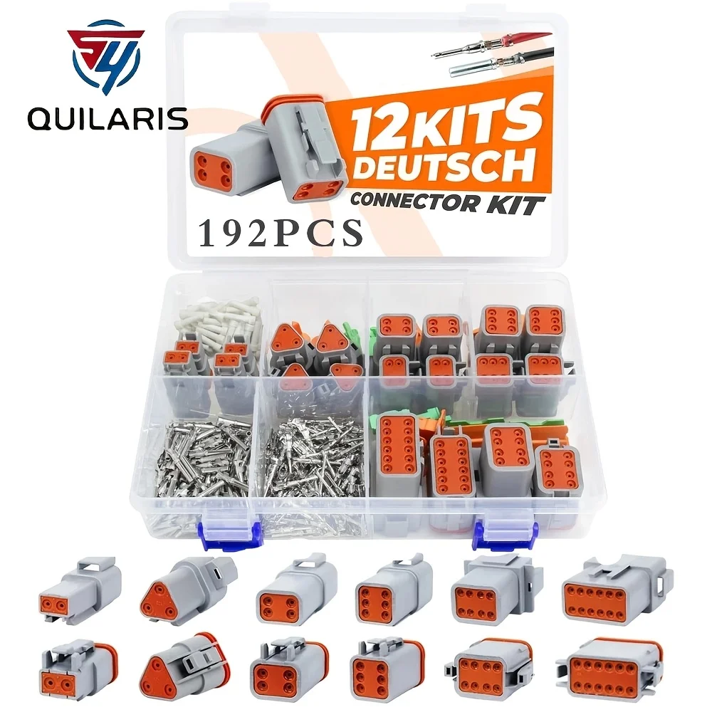192PCS DT grey connector kit, featuring 16 solid contacts, offering 2, 3, 4, 6, 8 and 12-pin configurations, sealed automotive electrical connector