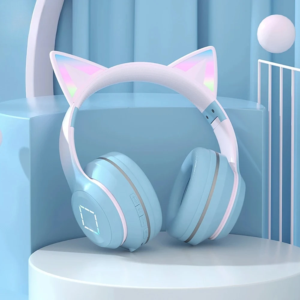 NEWEST LED Flash Light Cute Cat Ears Wireless Headphone with Mic Kid Girl Stereo Music Foldable Helmet Bluetooth Headset Gift