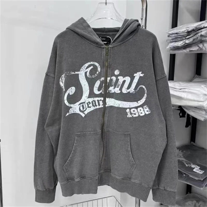 Classic Alphabet Print Men Women Gray Almond Saint Zipper Jacket Best Quality Loose Vintage Washed Oversized Hoodie Sweatshirt