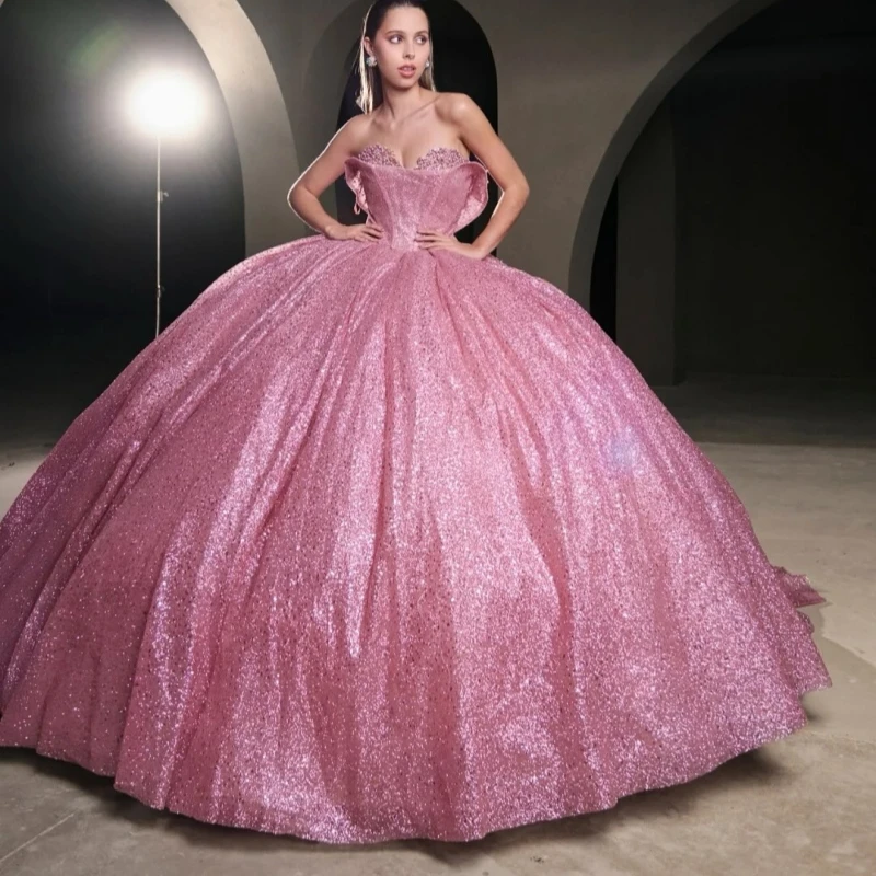 

Розовое блестящее платье Quinceanera, бальное платье с открытыми плечами, расшитое жемчугом и тюлем, корсет для вечеринки, дня рождения, милое платье 16, Vesti Vestidos