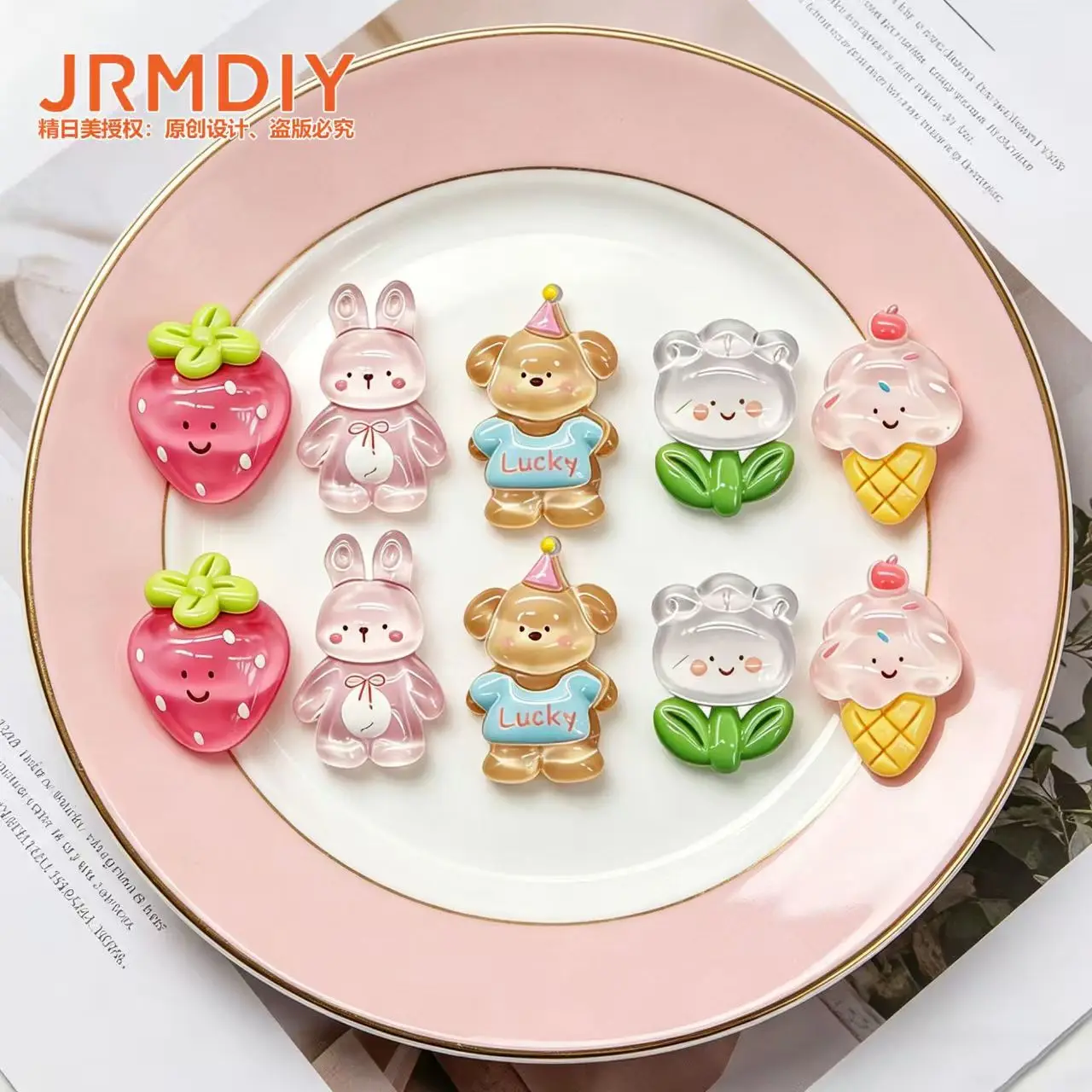 50pcs/lot Cute Fruit Strawberry Ice Cream Rabbit Flower Shape Resin Domed Stickers Flatback Charms for Scrapbooking, Phone Case