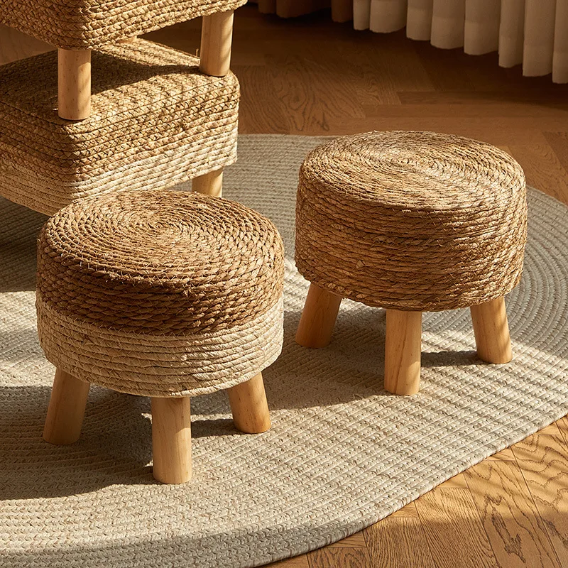 

Straw Woven Stool, Rustic Low , Rattan Shoe Changing , Thickened Woven Bench, Wooden Stool, Creative Round Stool