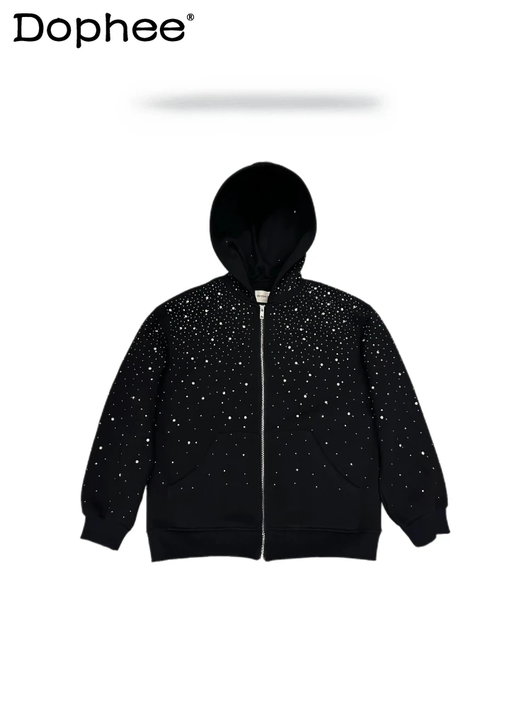 

2025 Spring New Fashion Trend Zipper Hooded Cardigan Heavy Rhinestone Unisex High Street Cool Casual Loose High Street Jacket