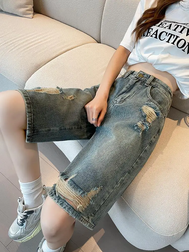 

High Waist Denim orts Women Summer plus Size A-Line 5-Point Hole Straight Leg Trendy Blue Jeans High Waist Ripped orts