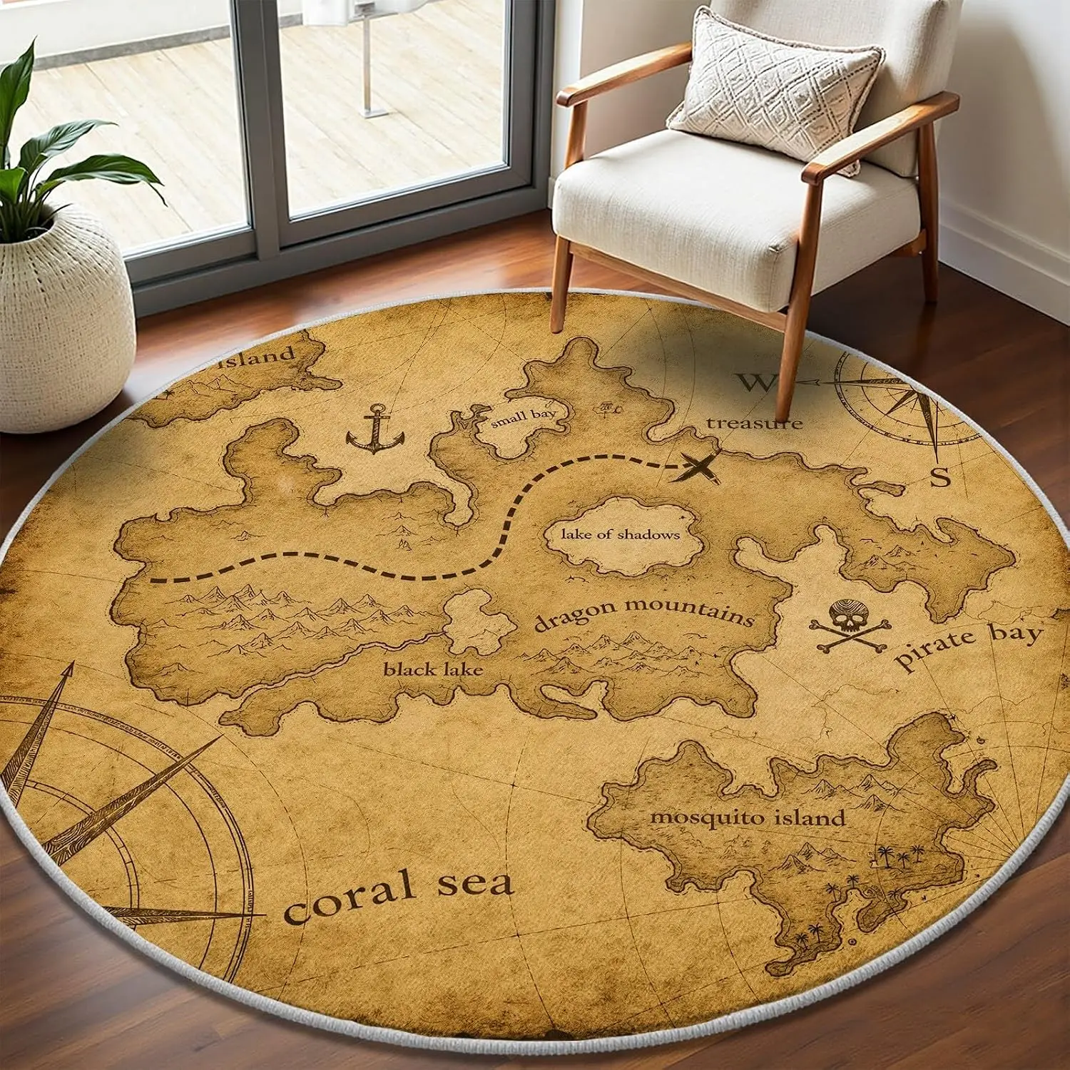 Vintage Pirate Treasure Map Rug Round Floor Mat Nautical Decor Gaming Room Scroll Parchment Art Style Circle Carpet for Home Acc