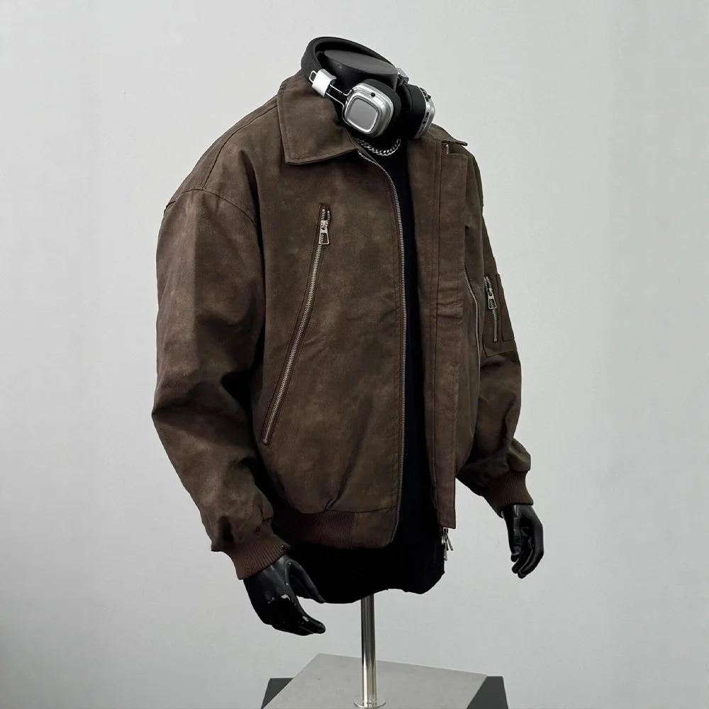Man Motorcycle Jacket 2025 Autumn Winter Men's Maillard Brown Leather Jacket Trendy Lapel Short Zip Up Retro Pilot Outerwear