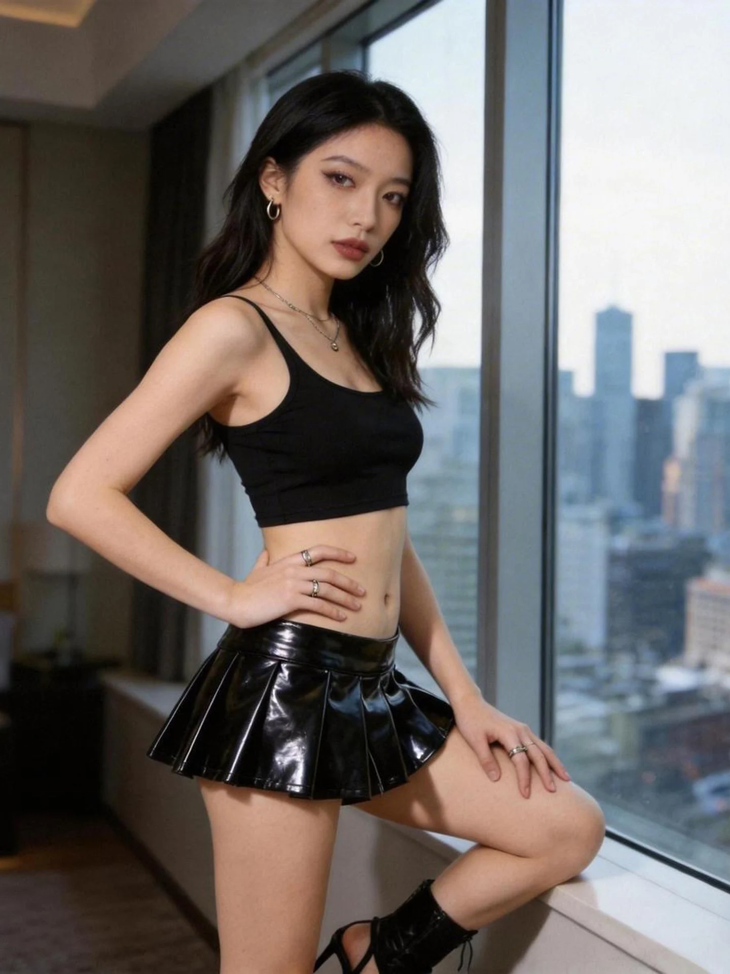 Sexy  PU Leather Pleated Skirt No  Bar Nightclub Short Skirt Single Layer Super Short Skirt American Style A-Line S...