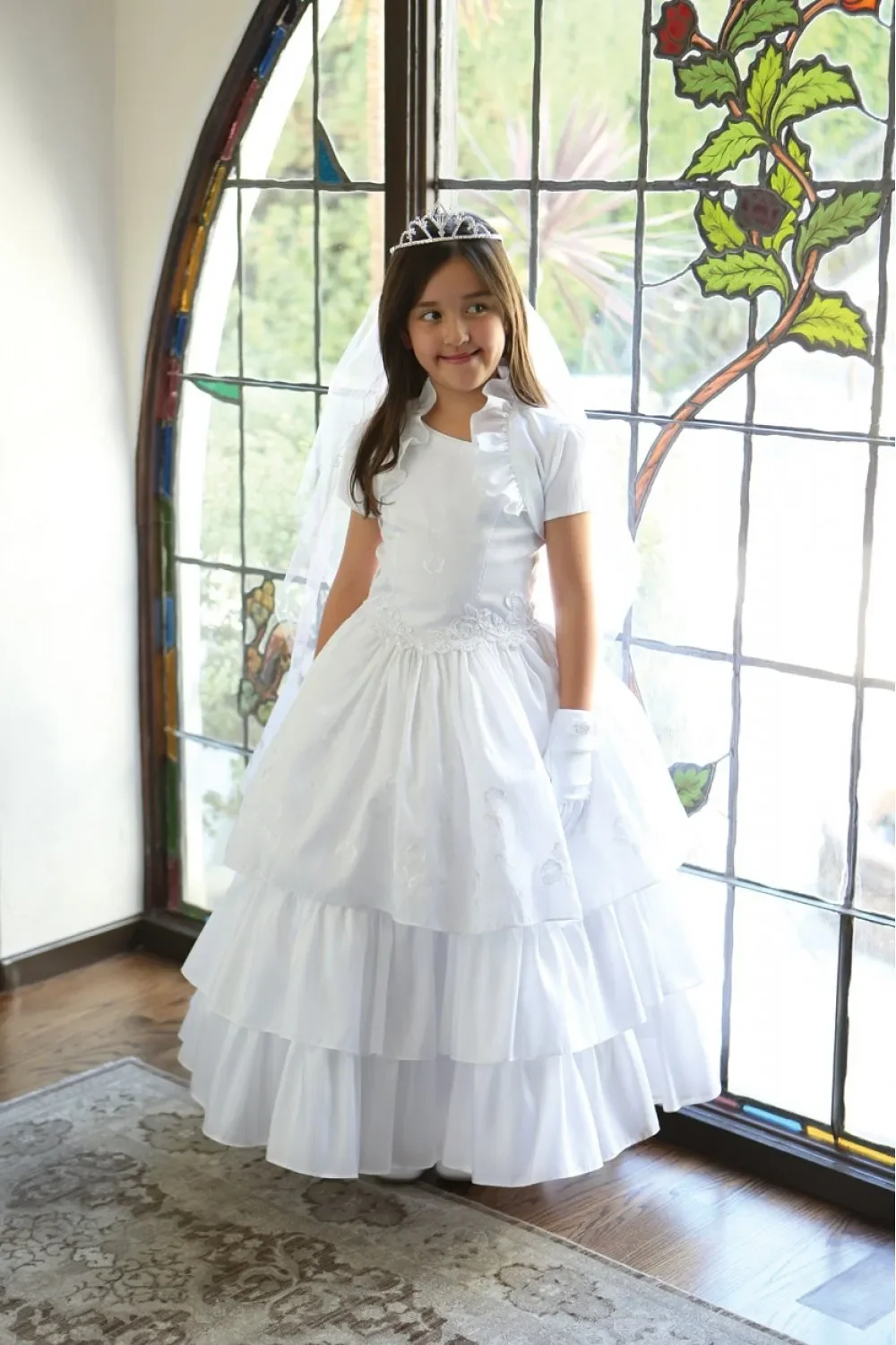 

Elegant Taffeta With Jacket One Shoulder Layered Lace Girl Dresses For Weddings Princess Communion Pageant Gowns Prom 2023