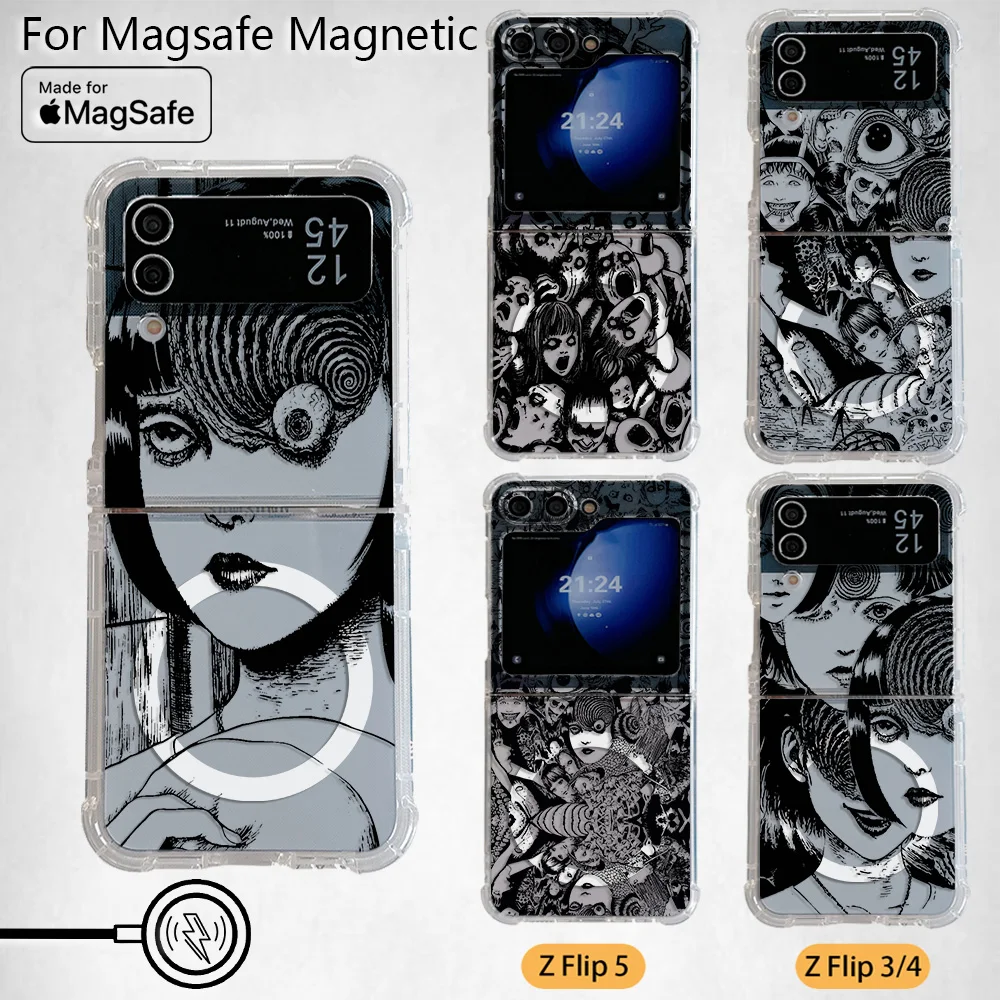 Anime Junji Ito Terror Horror Magsafe Magnetic Phone Case for Samsung Galaxy Z Flip 3 4 Z Flip 5 6 Z 5G Soft Transparent Cover