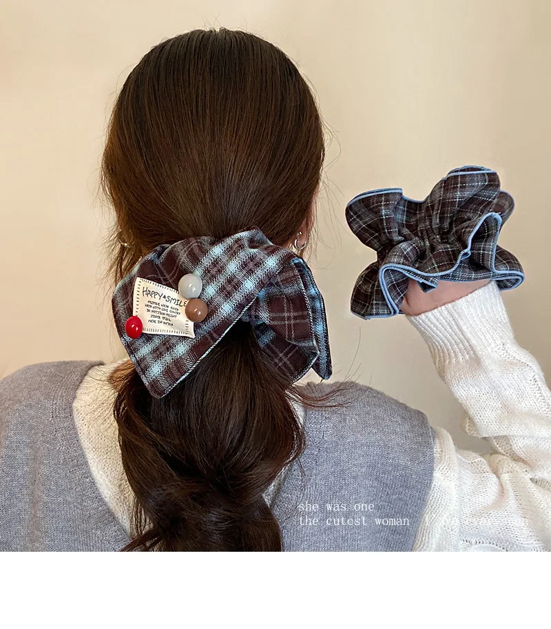 Quadratisches Handtuch Dickdarm-Haarband, kariert, rot, Damen-Kugelkopf, niedriger Pferdeschwanz, quadratisches Stirnband, Kopfschmuck, Haar-Accessoires – Detail 5