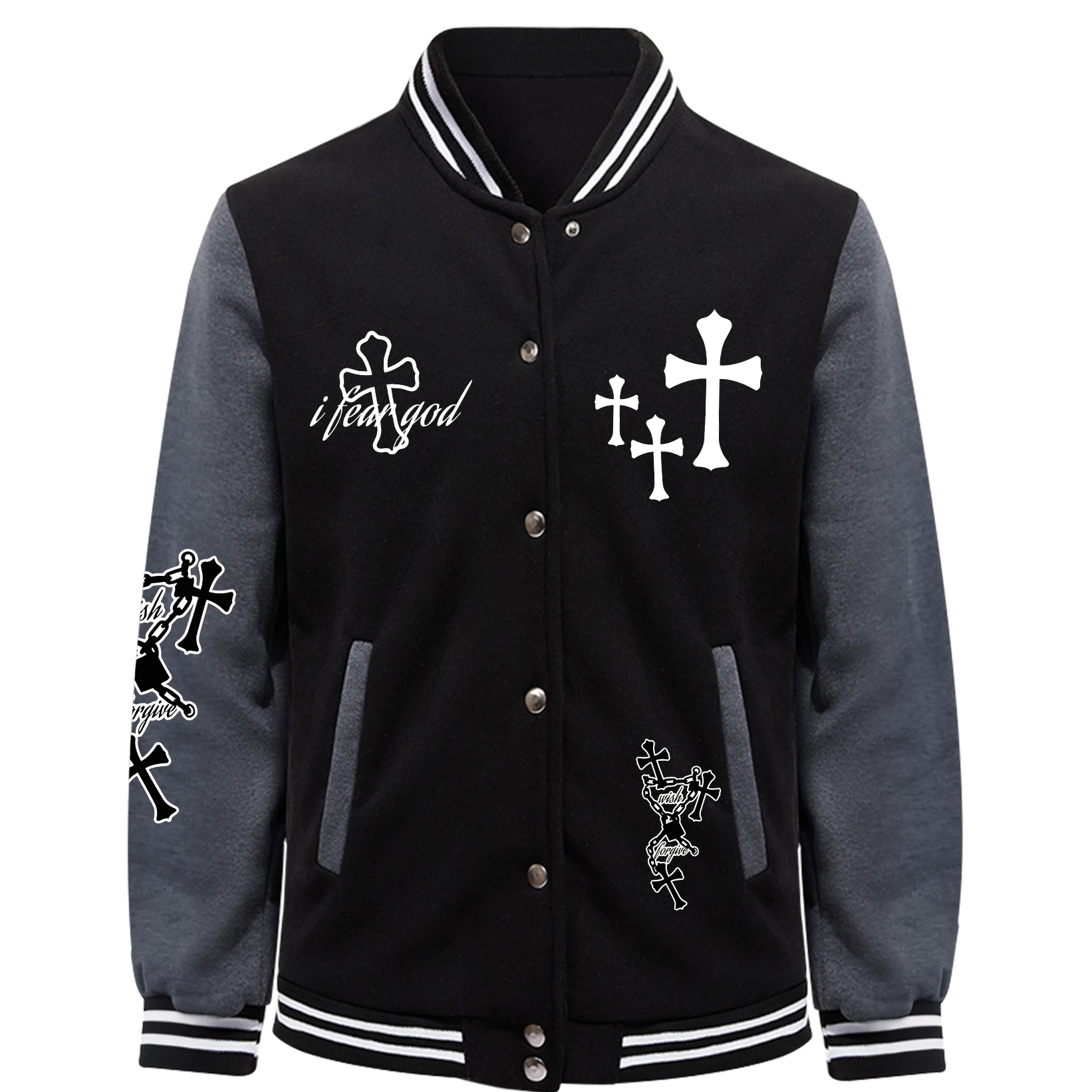 

I Fear God Art Logo Printed Men Jackets Vintage Cartoons Baseball Jersey Loose American Top Streetwear Autumn Fleece Menwear