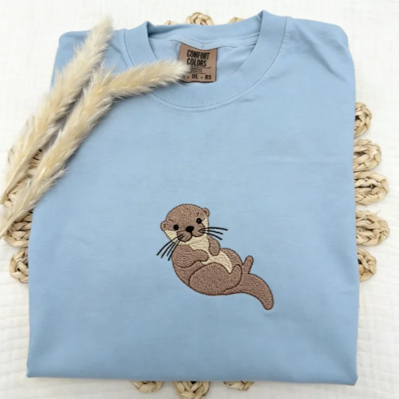 

Cute Otter Embroidered Round Neck Short Sleeve T Shirt Unisex Oversize Casual Soft Breathable Loose Fit Fashion Streetwear Trend