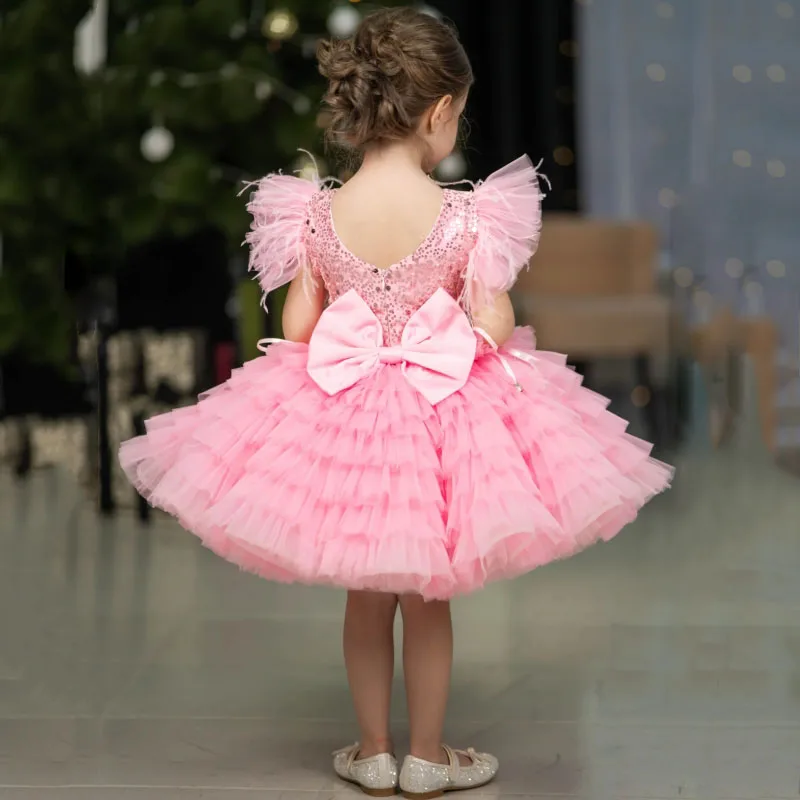 Vestidos de niña de flores de tul rosa con lentejuelas escalonadas y lazo de manga corta para boda, fiesta de cumpleaños, banquete, vestidos de comunión