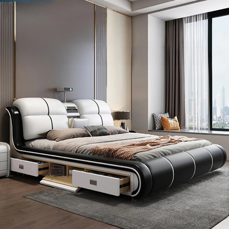 

Modern White Simple Double Bed Drawers Elegant Projector Multifunctional Comferter Bed Adults Villa Cama Matrimonial Bedroom Set