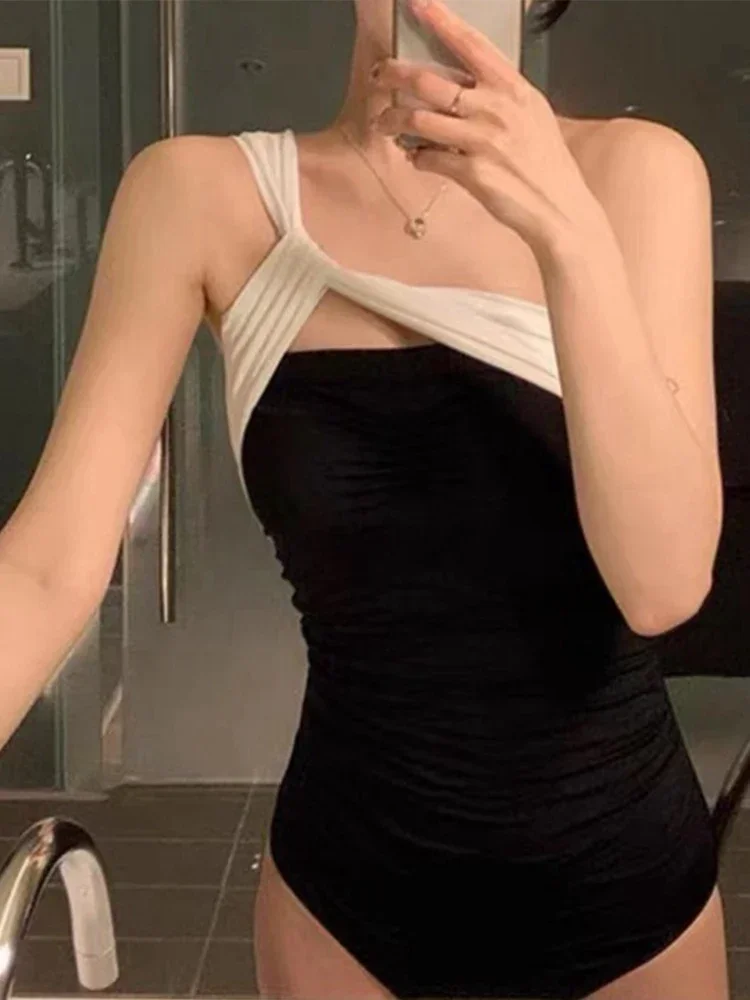 UETEEY, traje de baño de una pieza con textura de estilo coreano para mujer, traje de baño Sexy de media manga para resort recreativo, traje de baño de una pieza