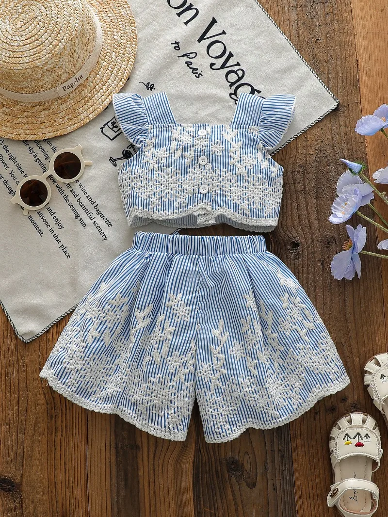 2026 Spring and Summer Baby Heavy Embroidered Flutter Sleeve Top + Bow Shorts Two-Piece Set