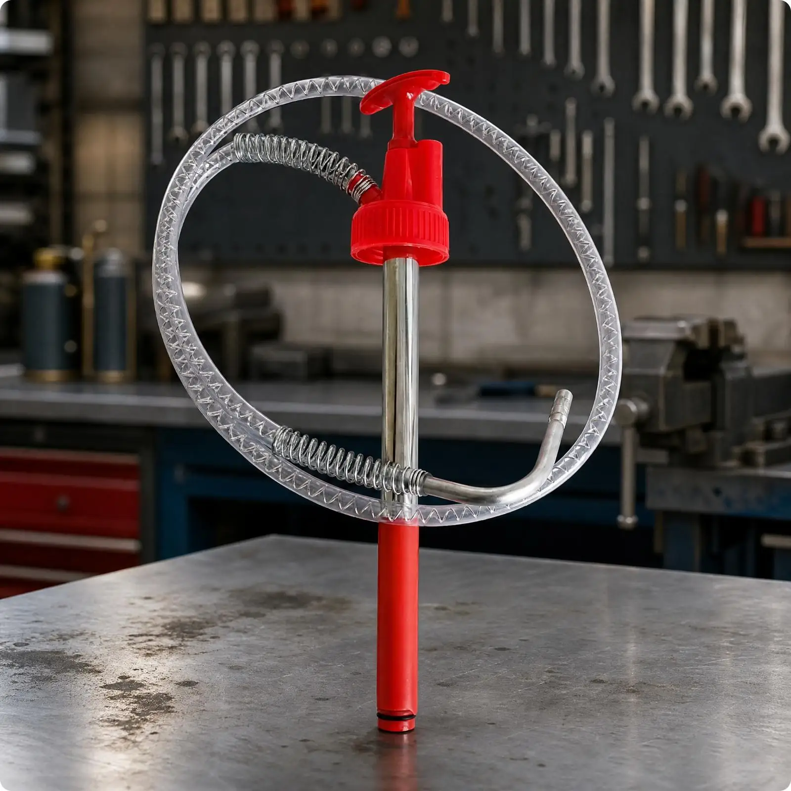 Hand Pump for Oil Drums with Transparent Coil Reinforced Hose and Curved Nozzle for Portable Lubricant Transfer Tool