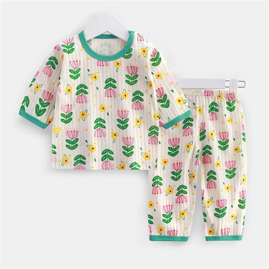 Vollbedruckte Unterwäsche-Outfits, lässiges Rundhals-Unterhemd + Hose für Babys, Jungen und Mädchen, schöne dünne Pyjama-Sets für Frühling und Herbst. – Detail 2