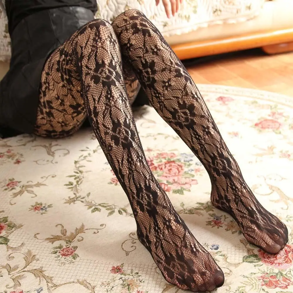 Women Hollow Nylon Mesh Rose Flower Net Stocking Tights Pantyhose Stockings