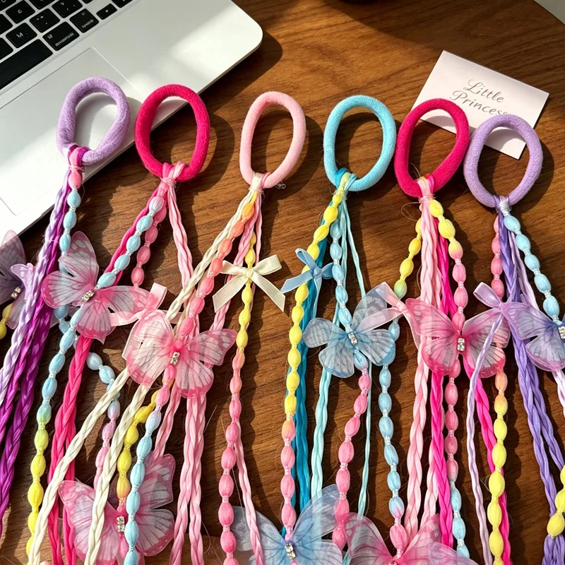 Neue 1-teilige geflochtene Perücke für Mädchen, Pferdeschwanz mit Schmetterlingsperlen, langer Quasten-Haarschleife für Frauen, Kleinkinder, Kinder, Party, Halloween, Cosplay – Detail 4