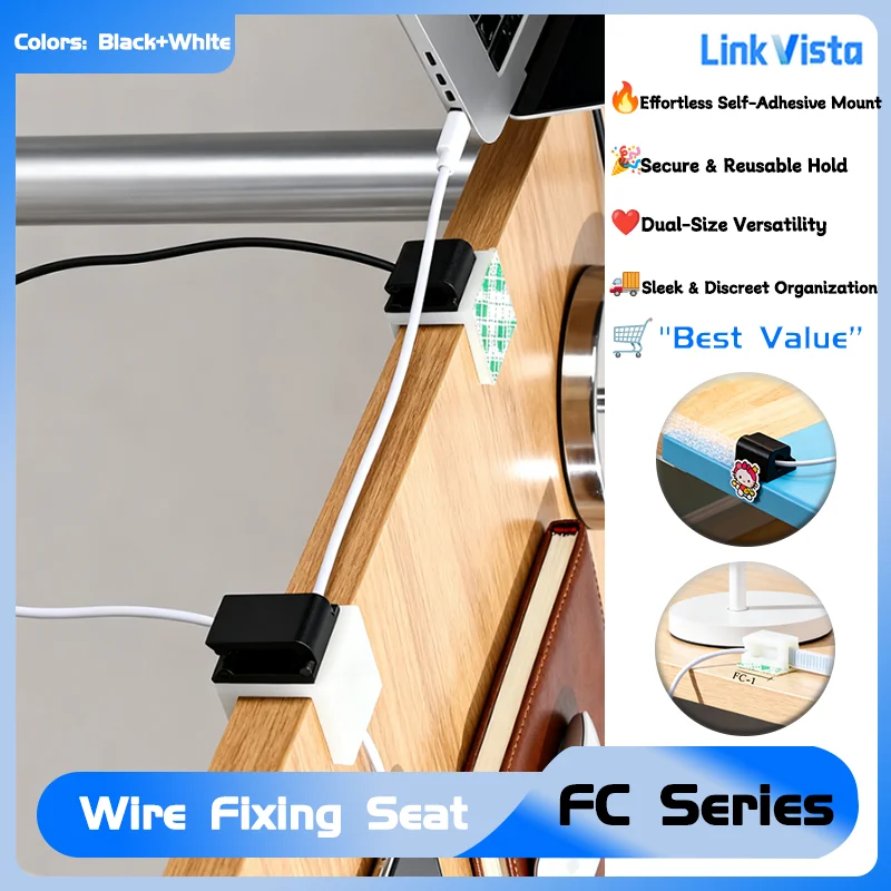 10/50pcs Self-Adhesive Nylon Cable Clamps, FC-1 FC-2 Wire Tie Holders for Car Home Office Cord Management, White/Black
