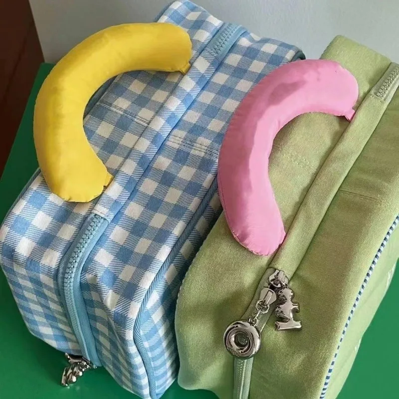 Borsa per il trucco da gita per studenti di stoccaggio carino di alta bellezza con griglia da donna borsa per il lavaggio del trucco portatile di