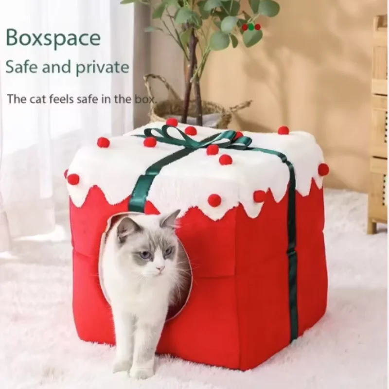 Winter Warmes Katzennest Hundeschlafhaus Weiches Bett für Kätzchen Welpen Weihnachtsgeschenkbox Haustier Party Dekor Weihnachten Festival