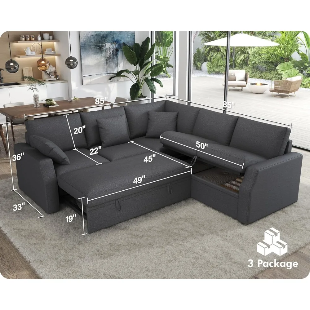 Sofa Bed, 85 Inch Sleeper Couch with Storage Seat, L Shaped Sofa with Pull Out Sofa Bed, Sectional Couches for Living