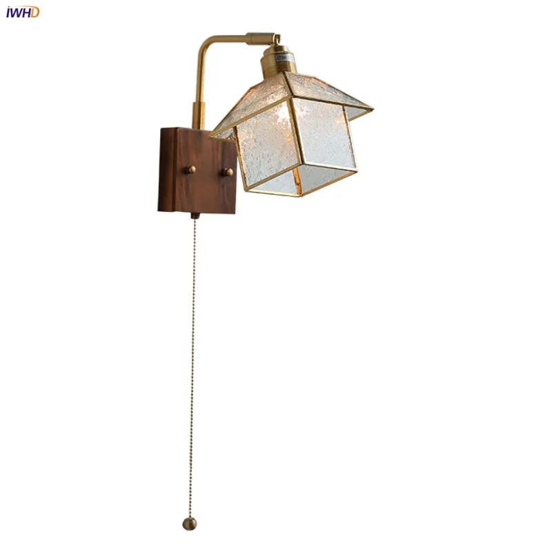 IWHD Vintage Rotatable LED Wall Lamp Sconce Hallway Porch Copper Walnut Blue Glass Loft Pull Chain Switch Bathroom Mirror Light