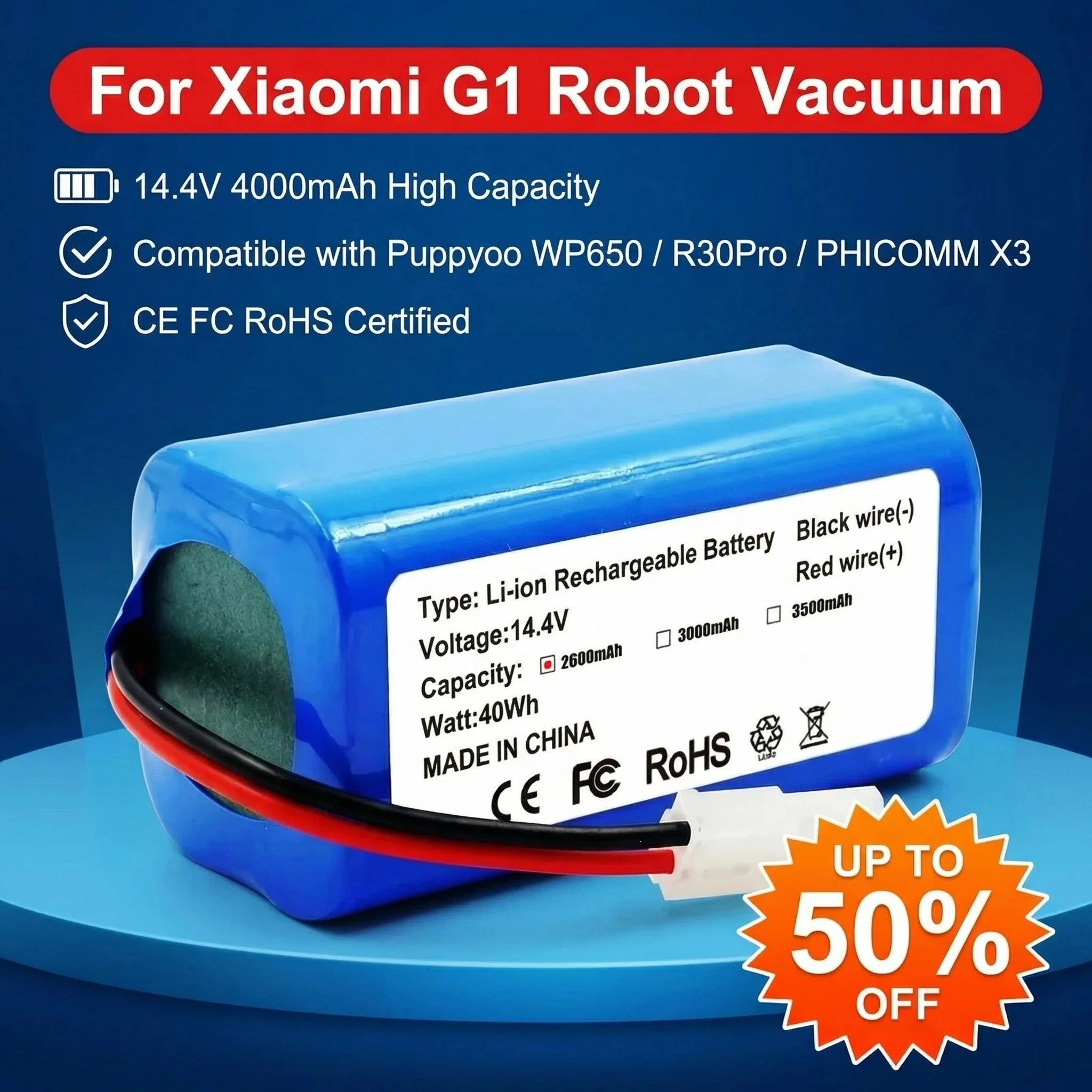

Replacement Battery for Xiaomi G1 Robot Vacuum, 14.4V 4000mAh Li-ion High Capacity Compatible with Puppyoo WP650 R30Pro PHICOMM