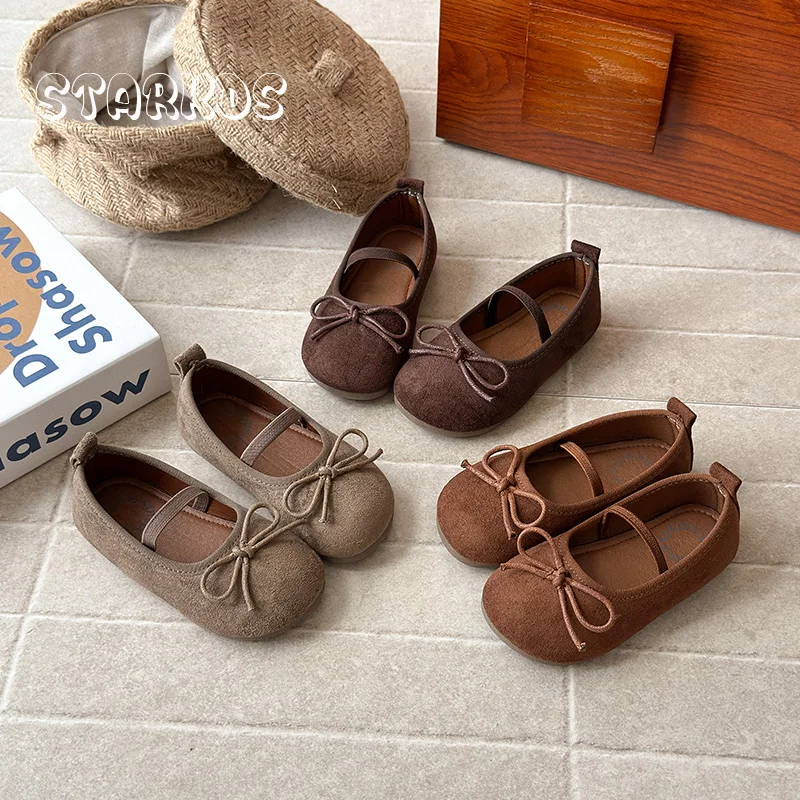 Autumn Round Toe Faux Suede Ballet Flats Baby Girl Classic Bowknot Elastic Band Ballerina Shoes Toddler Kid Soft Dress Zapatos