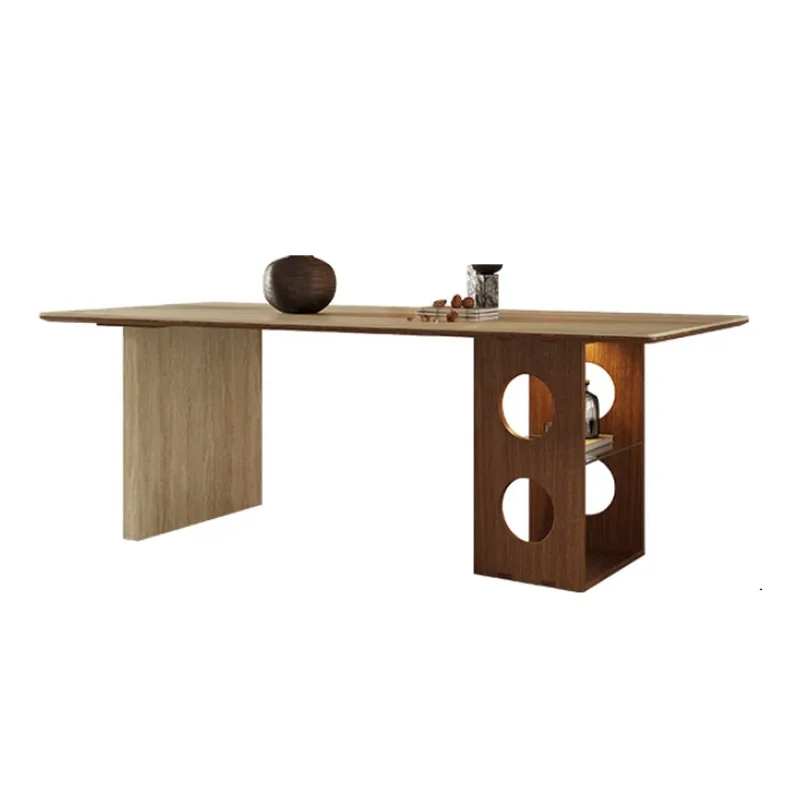 French retro travertine rock slab dining table modern simple rectangular medium and ancient style small apartment