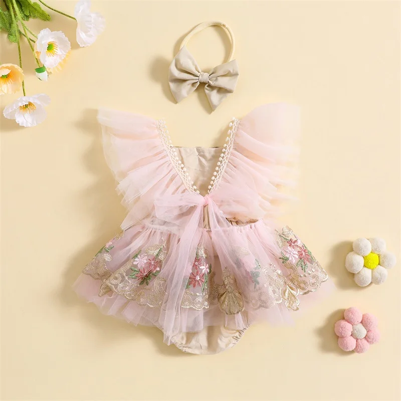 Baby Girl Dress Newborn Dress Newborn Girl Outfit Flower Romper Bowknot Hairband Summer Clothes Mesh Romper