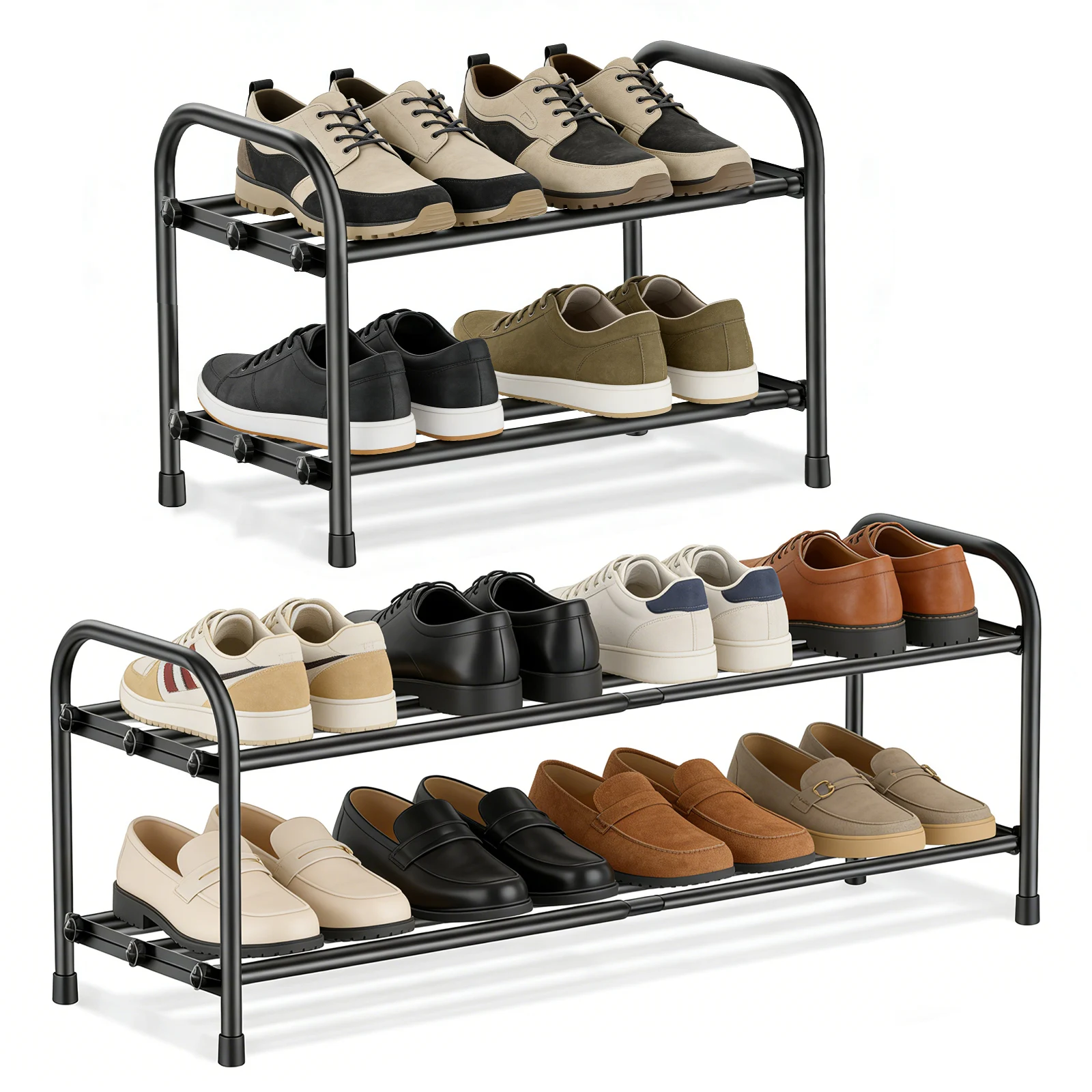 Support à chaussures en métal à 2 niveaux, étagères de rangement réglables et extensibles, longueur extensible : 43 cm-78 cm. Étagère de rangement pour chaussures pour placard, étagère de rangement pour chaussures en métal noir, autoportante, pour petits espaces, entrée.