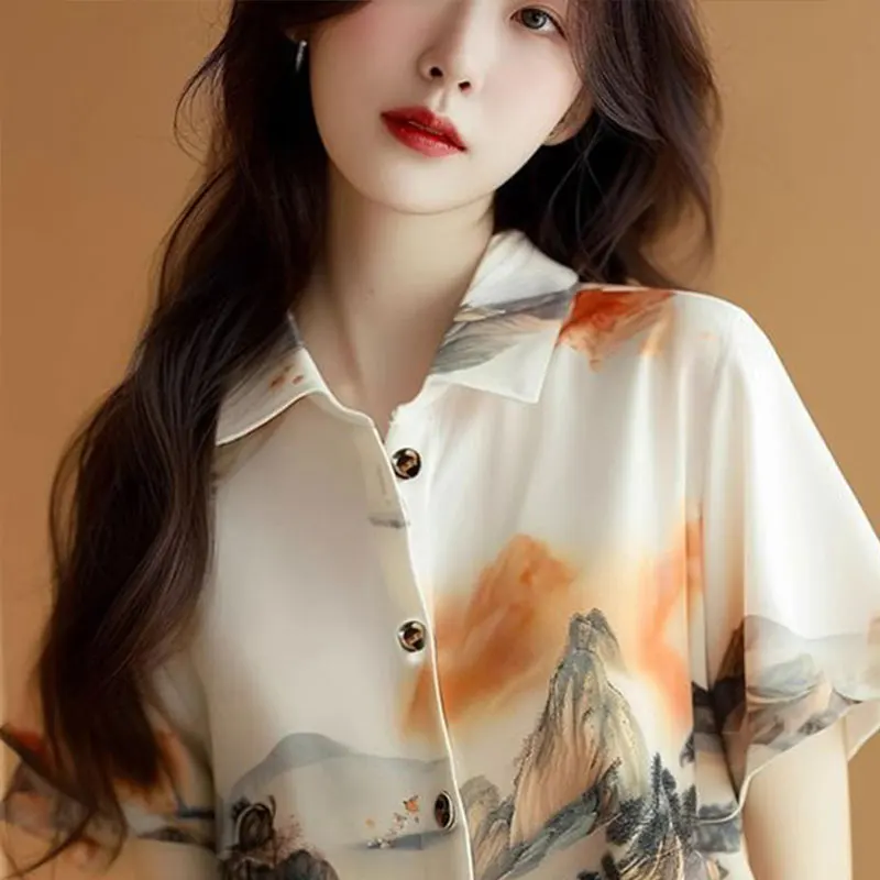 Elegant Fashion Harajuku Slim Fit Female Clothes Loose Sweat Casual All Match Printed Button Blouses Short Sleeve Women Shirt