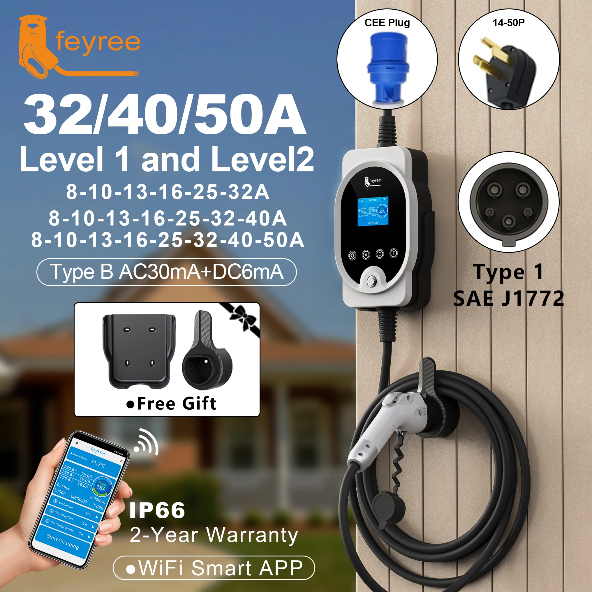 feyree EV Charger Type1 Plug 32A 40A 50A Fast Charging EVSE Wallbox for Electric Car Charging Station Adjust Current & Set Delay