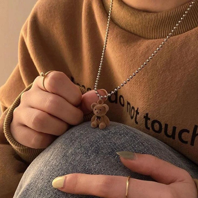 Cute Plush Bear Pendant Necklace for Girls Women Korean Fashion Bear Long Sweater Neck Chain Necklaces Collar Jewelry