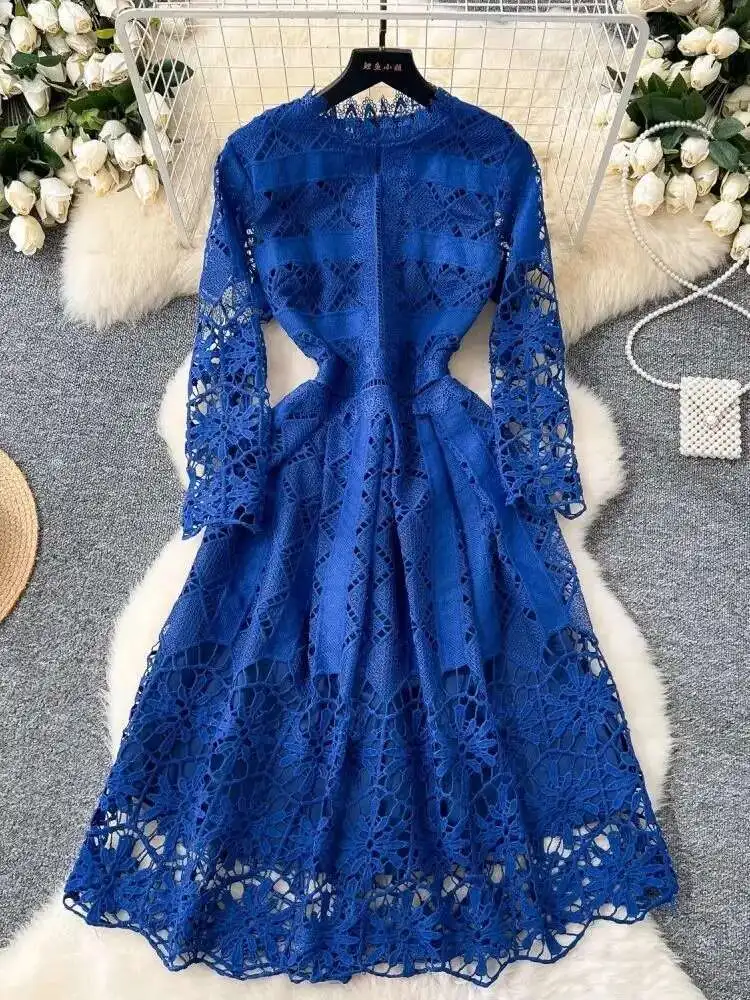 Runway 2025 Spring Embroidery Flower Lace Long Dresses Women\'s Summer Prom Robe Evening Party Midi Vestidos Female
