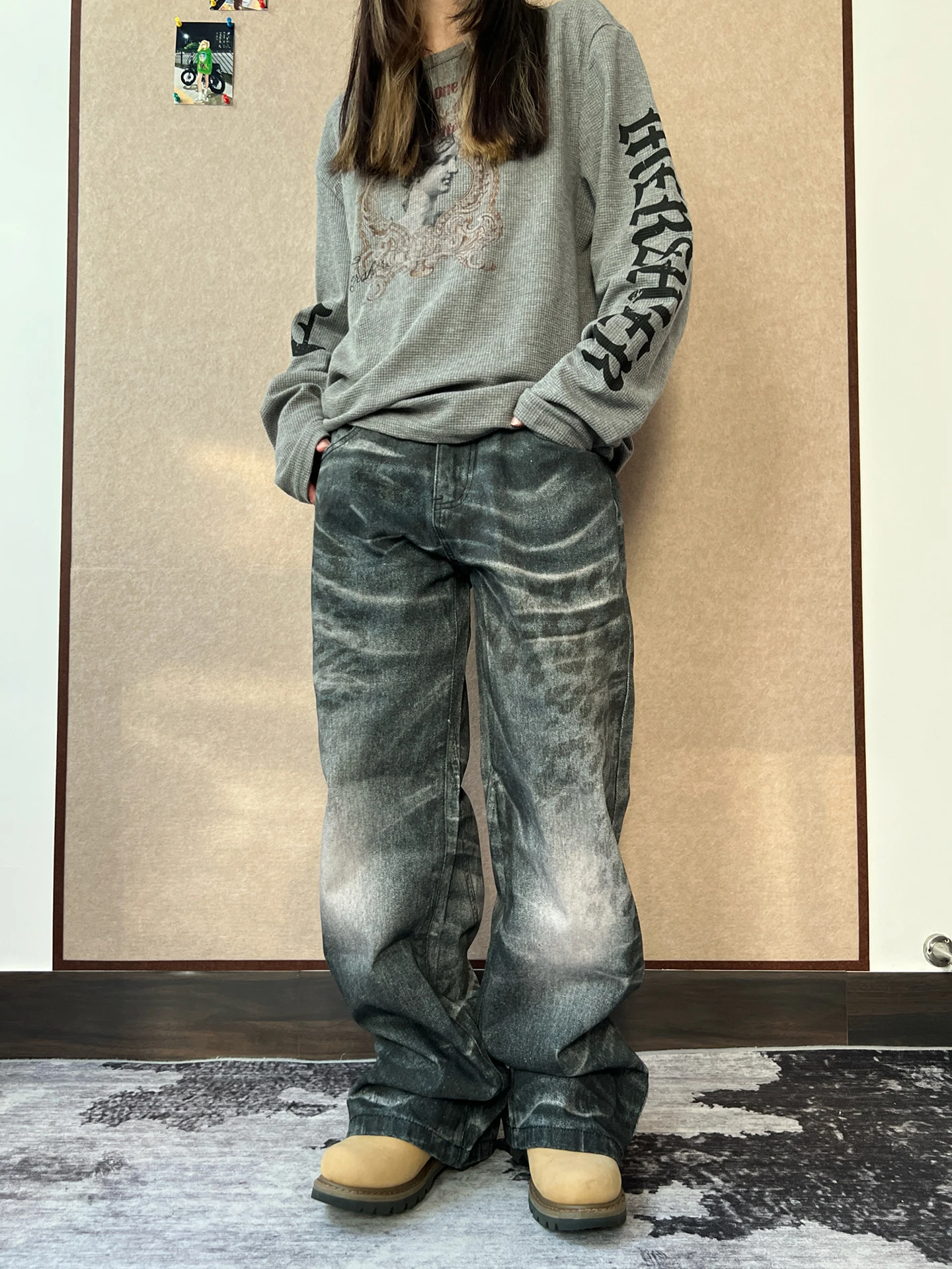 

Retro 3D Print Water Wave Pattern Coated Denim Pants Straight Leg High Street Sle for Men And Women Casual Comfortable Jeans