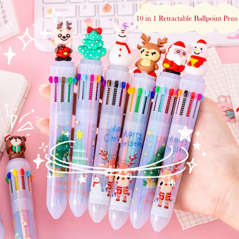 Multicolor Ballpoint Pen Cartoon Christmas Stationery Gift Student Writing Tool Cute Click Pen 10 Color Novelty for Kids