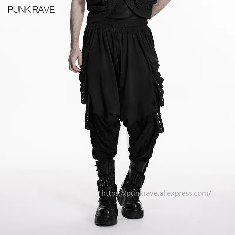 PUNK RAVE Men's Punk Knitted Sweatshirt Distressed Drop-crotch Pants High Waiste Drawstring Retro Casual Trousers Streetwear