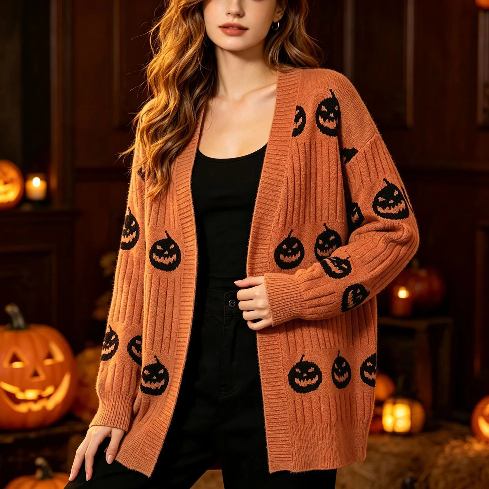 Halloween Pumpkin Jacquard Autumn-Winter Loose V-Neck Cardigan for Women