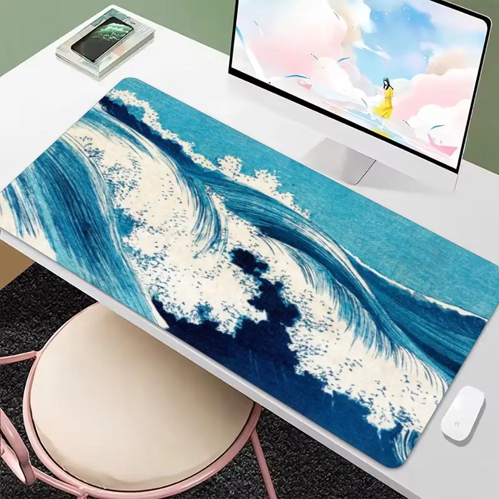 Large Gaming Mouse Pad Black Blue Ocean Waves Gold Butterfly Desk Mat Non Slip Locked Edge Keyboard Pad for Gamer Office Use