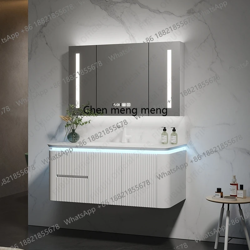 

Навесной комплект для ванной комнаты: тумба с интегрированной керамической раковиной, умный зеркальный шкаф с функцией антизапотевания, большой шкаф для хранения, подвесной.