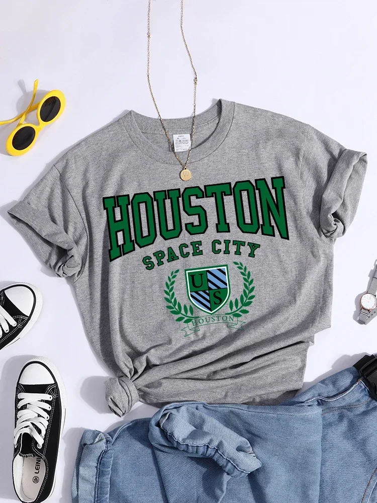 Bouston Space City Print Woman Tshirts Vintage Loose T-Shirts Niche Vintage Individual Top Tee Tshirt Short Sleeve Casual Tshirt